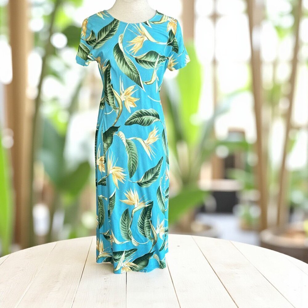 Hilo Hattie Turquoise Blue Floral Short Sleeve Maxi Dress Size Small